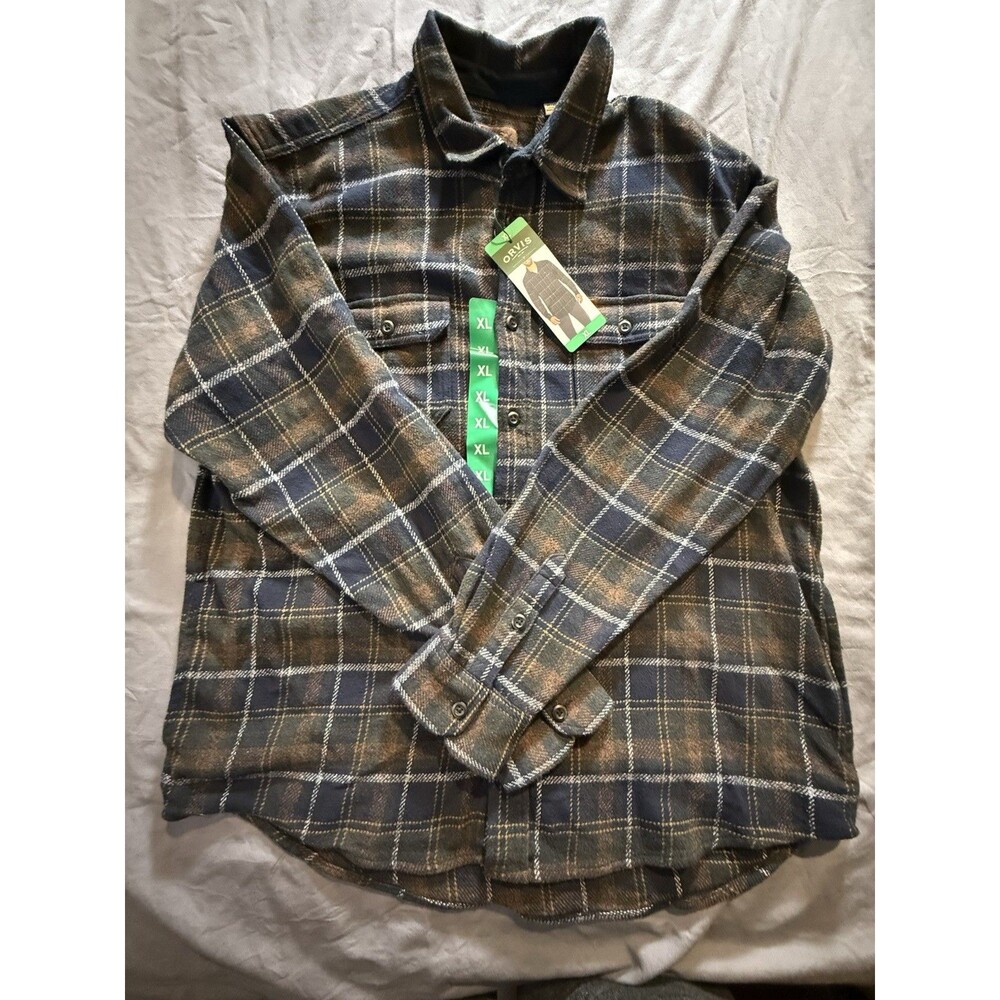 Orvis Men's XL Navy Brown Plaid Flannel Long Sleeve Button-Up Shirt w/pockets